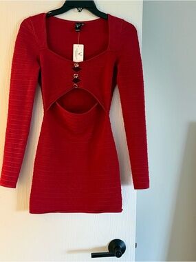 Windsor Red Long-Sleeve Cutout Bodycon Dress with Decorative Buttons